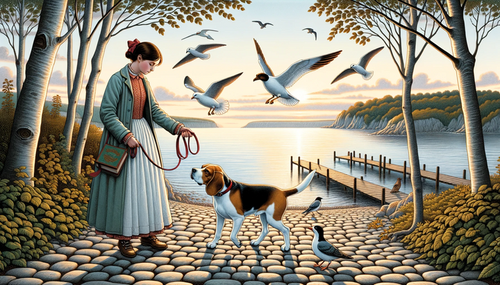 DALL-E: Junge Frau mit Hund am See